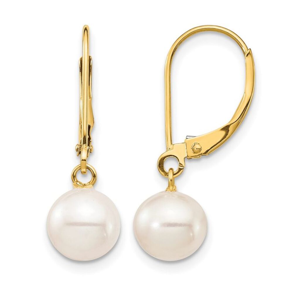 14K Gold Filled 7-8mm White Round FWC Pearl Lever Back Earrings, 24mm